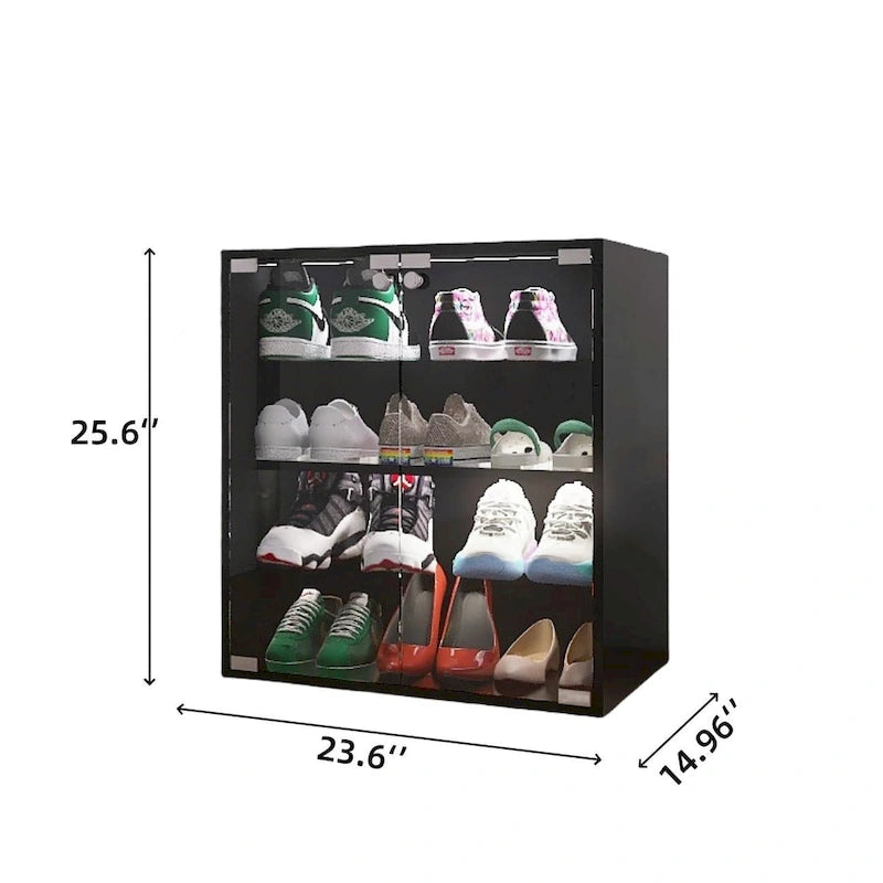 Meuble à chaussures noir à 4 niveaux avec porte en verre et lumière LED