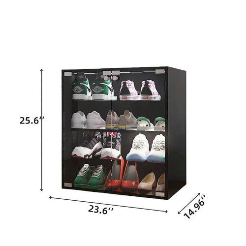 Meuble à chaussures noir à 4 niveaux avec porte en verre et lumière LED