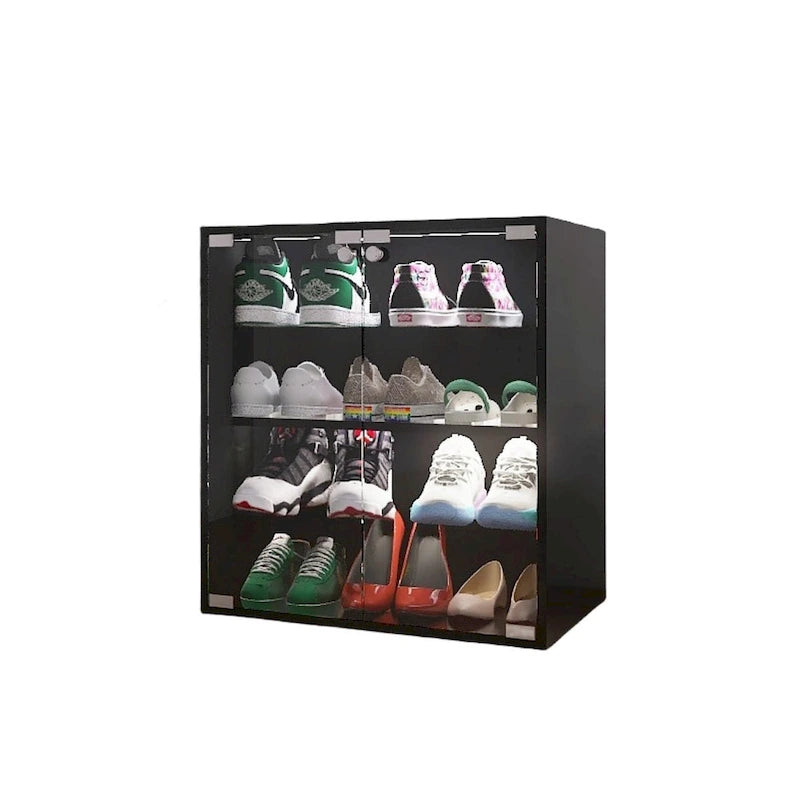 Meuble à chaussures noir à 4 niveaux avec porte en verre et lumière LED