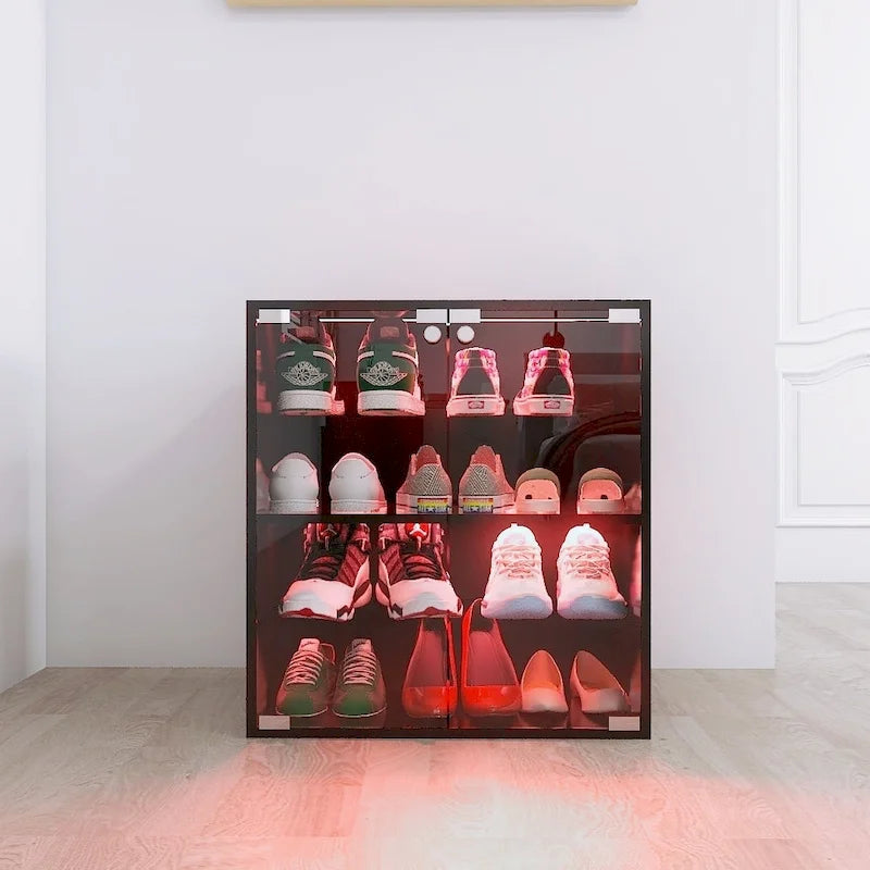Meuble à chaussures noir à 4 niveaux avec porte en verre et lumière LED