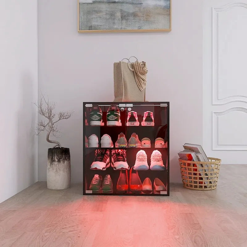 Meuble à chaussures noir à 4 niveaux avec porte en verre et lumière LED