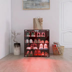 Meuble à chaussures noir à 4 niveaux avec porte en verre et lumière LED