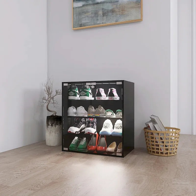 Meuble à chaussures noir à 4 niveaux avec porte en verre et lumière LED