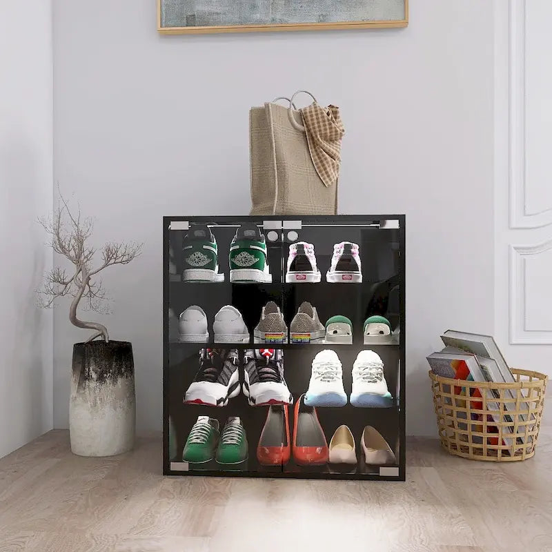 Meuble à chaussures noir à 4 niveaux avec porte en verre et lumière LED