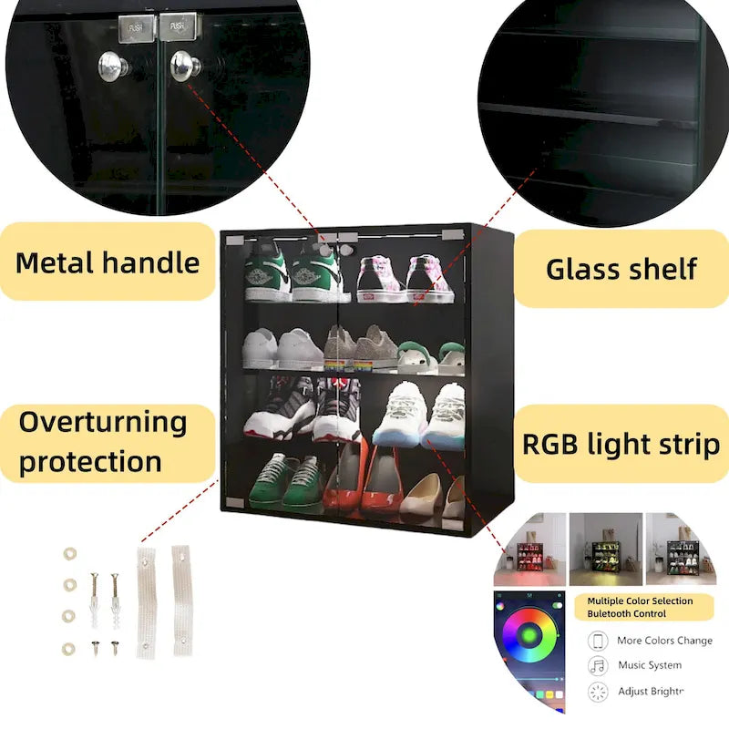 Meuble à chaussures noir à 4 niveaux avec porte en verre et lumière LED