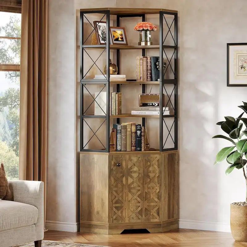 Étagère d'angle haute à 7 niveaux, bibliothèque d'angle industrielle de 193 cm avec rangement