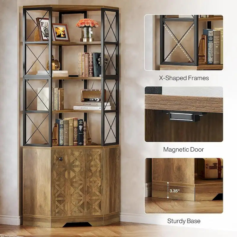 Étagère d'angle haute à 7 niveaux, bibliothèque d'angle industrielle de 193 cm avec rangement