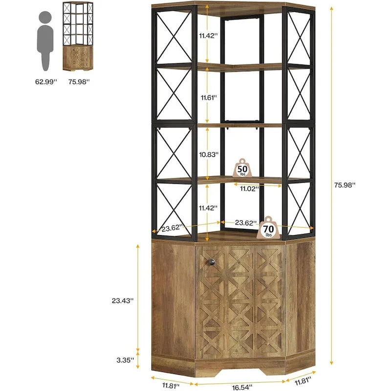 Étagère d'angle haute à 7 niveaux, bibliothèque d'angle industrielle de 193 cm avec rangement