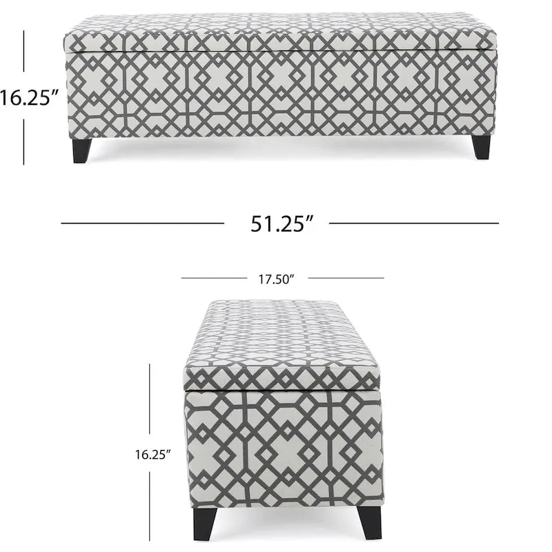 Banc de rangement ottoman, tissu imprimé géométrique gris clair 51 pouces