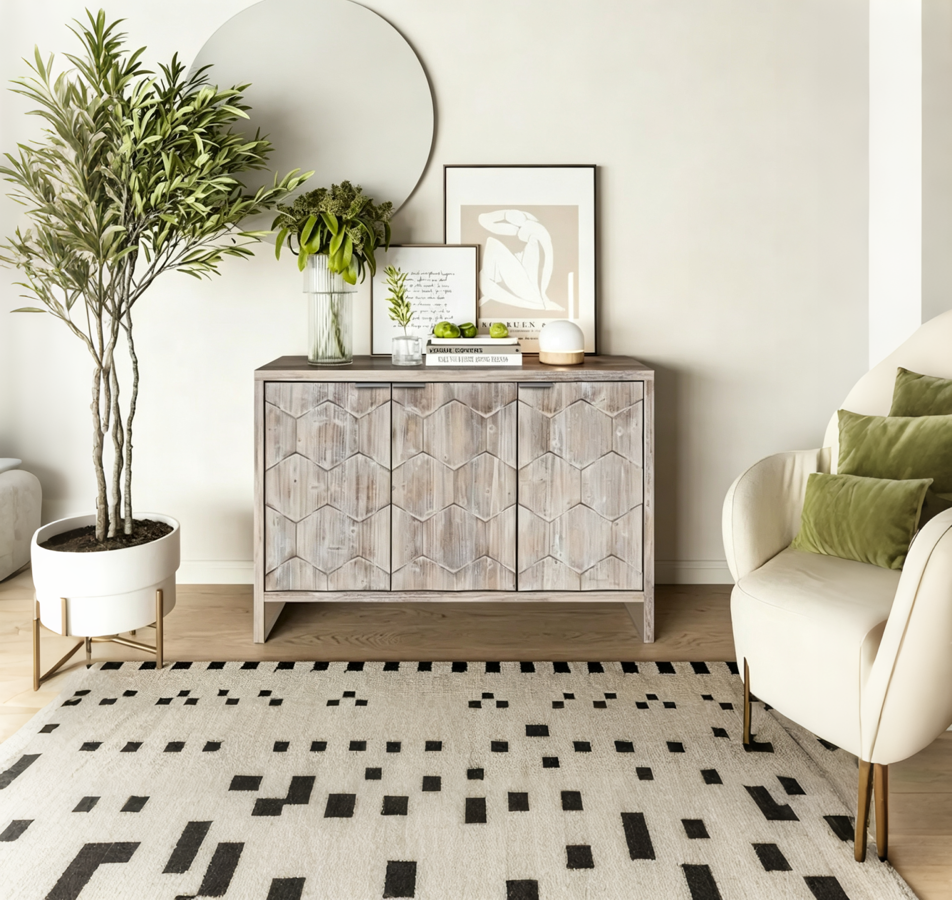 Bahut rustique en bois à 3 portes avec rangement en bois naturel