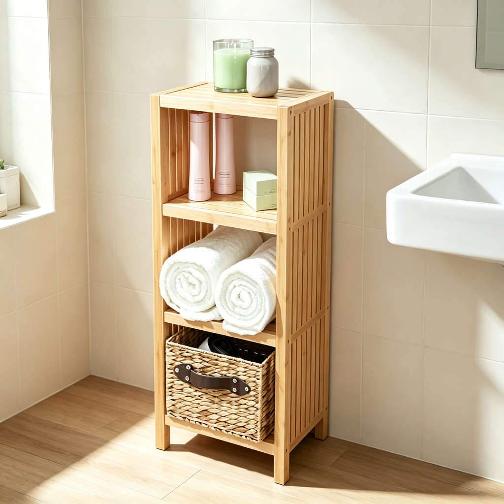Étagère de salle de bain de luxe en bambou sur pied à quatre niveaux, organisateur de salle de bain avec étagères de rangement.
