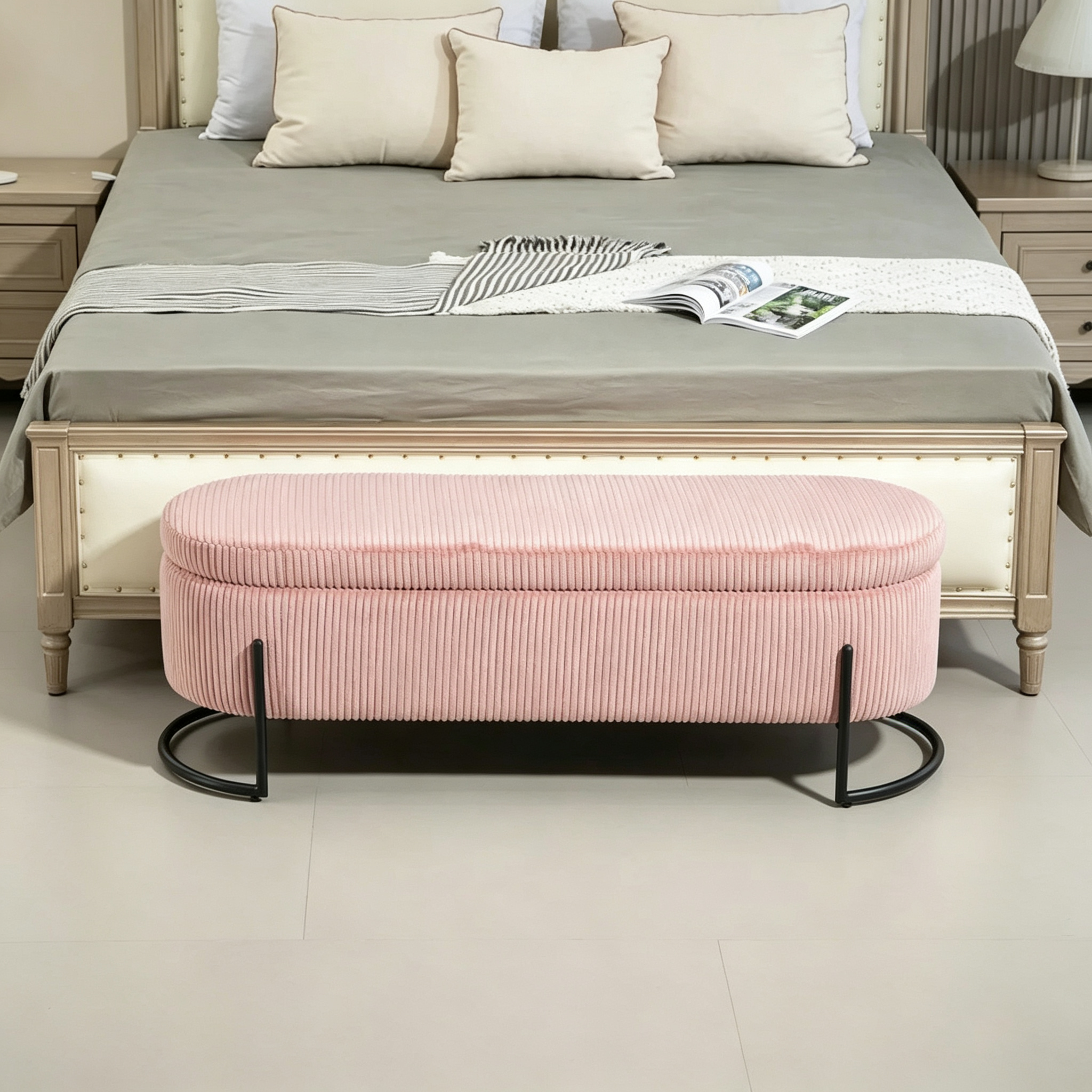 Pouffre de rangement, Banc de bout de lit de chambre à coucher, Pouffre de rangement rembourré en tissu