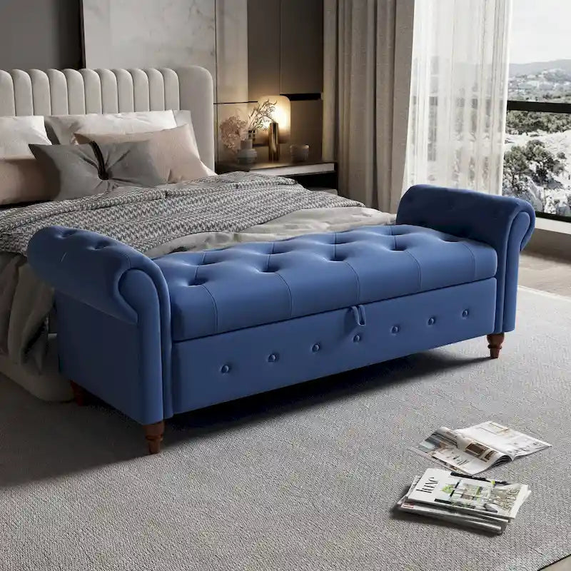 Banc de rangement capitonné avec accoudoirs roulés Repose-pieds de chambre à coucher