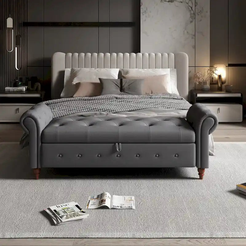 Banc de rangement capitonné avec accoudoirs roulés Repose-pieds de chambre à coucher