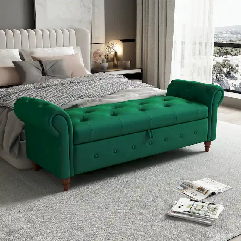 Banc de rangement capitonné avec accoudoirs roulés Repose-pieds de chambre à coucher