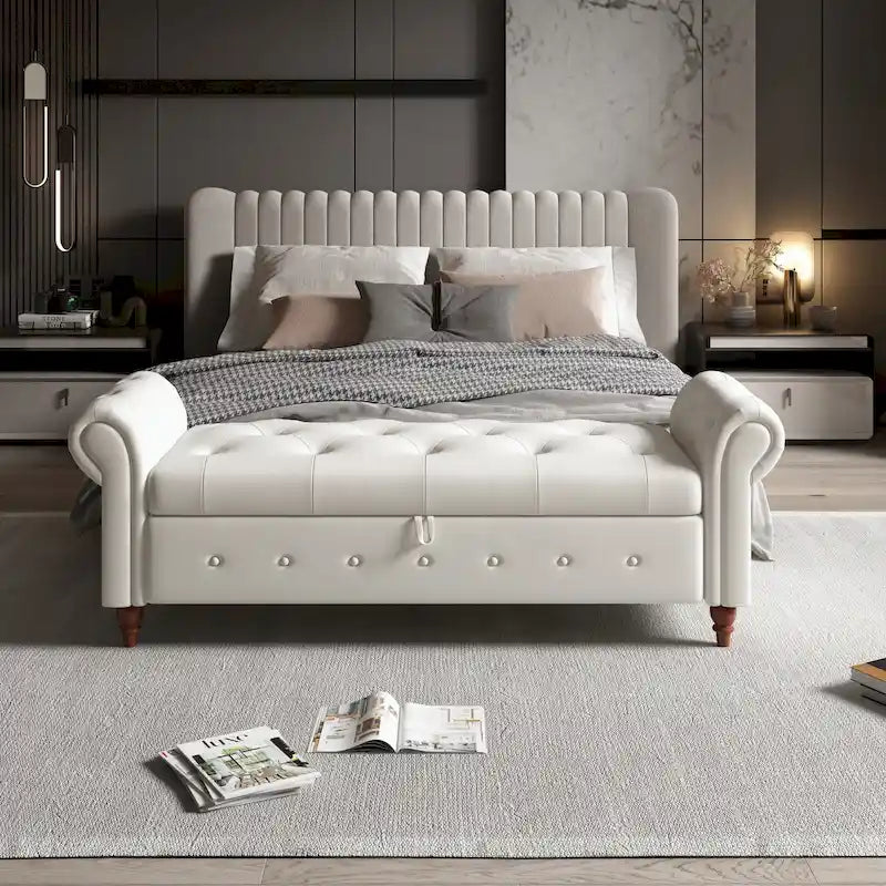 Banc de rangement capitonné avec accoudoirs roulés Repose-pieds de chambre à coucher