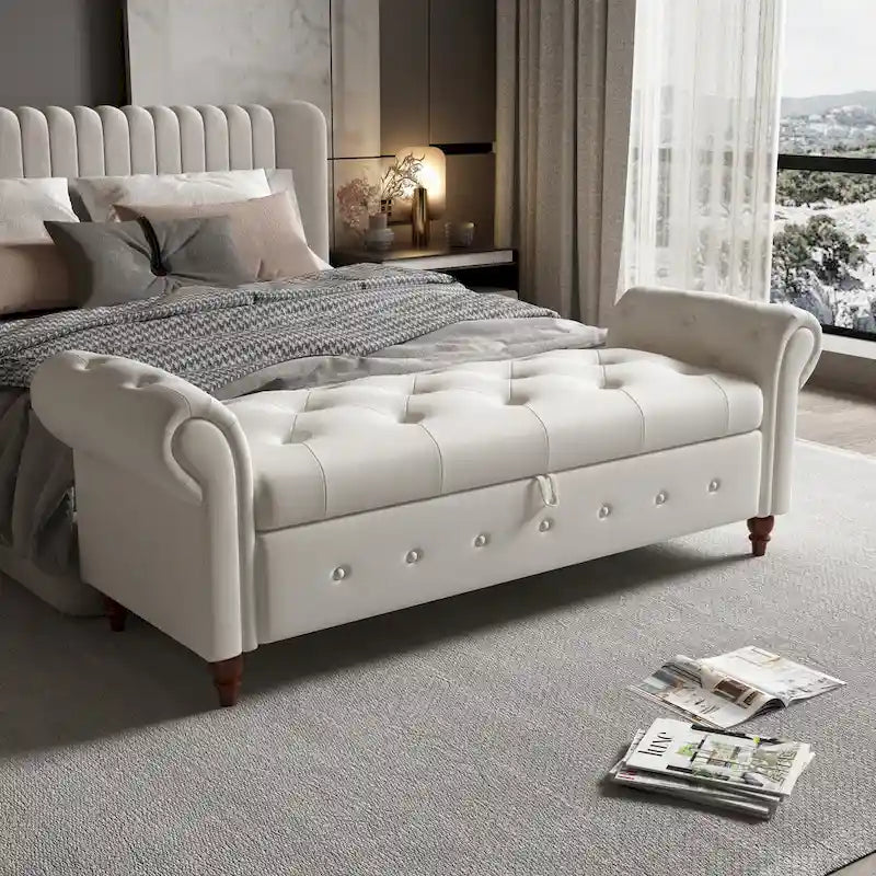 Banc de rangement capitonné avec accoudoirs roulés Repose-pieds de chambre à coucher