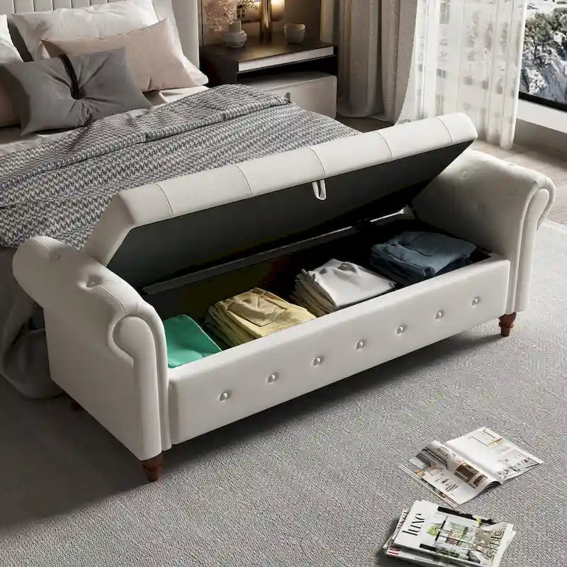 Banc de rangement capitonné avec accoudoirs roulés Repose-pieds de chambre à coucher