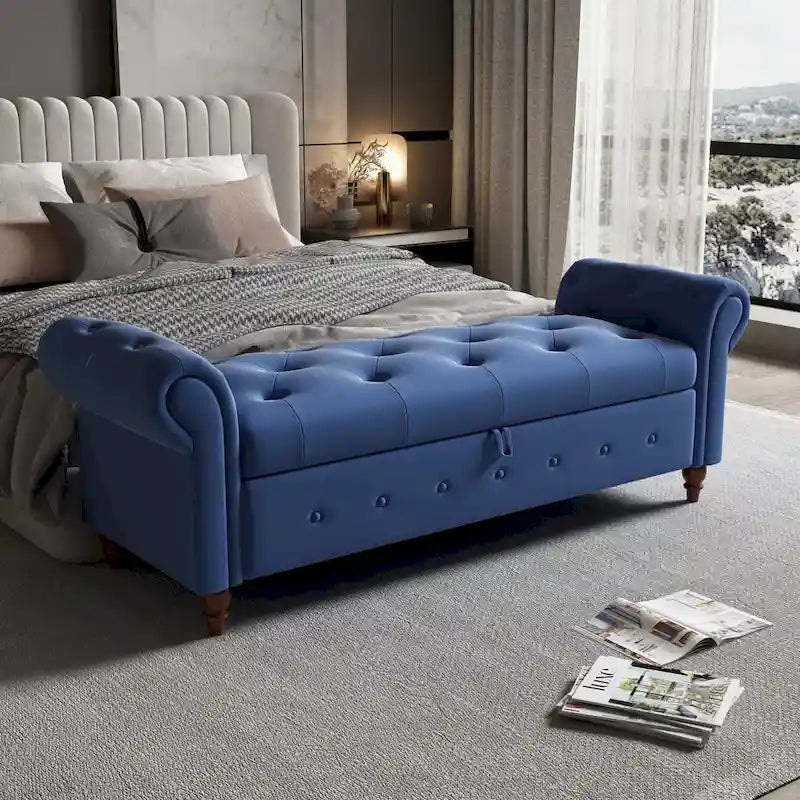Banc de rangement capitonné avec accoudoirs roulés Repose-pieds de chambre à coucher