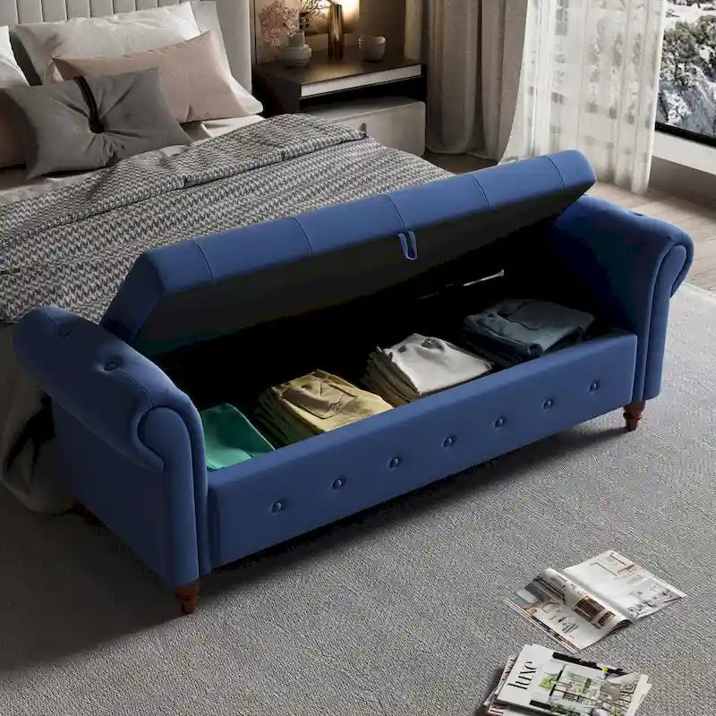Banc de rangement capitonné avec accoudoirs roulés Repose-pieds de chambre à coucher