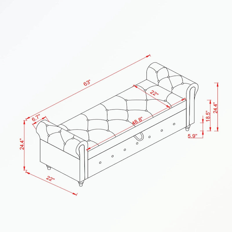 Banc de rangement capitonné avec accoudoirs roulés Repose-pieds de chambre à coucher