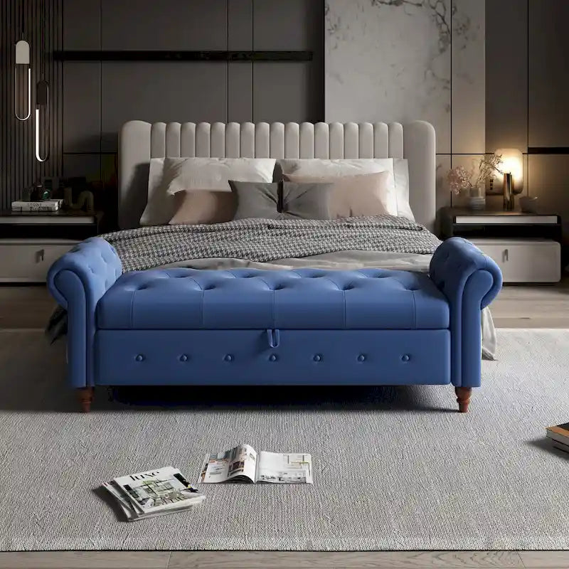 Banc de rangement capitonné avec accoudoirs roulés Repose-pieds de chambre à coucher