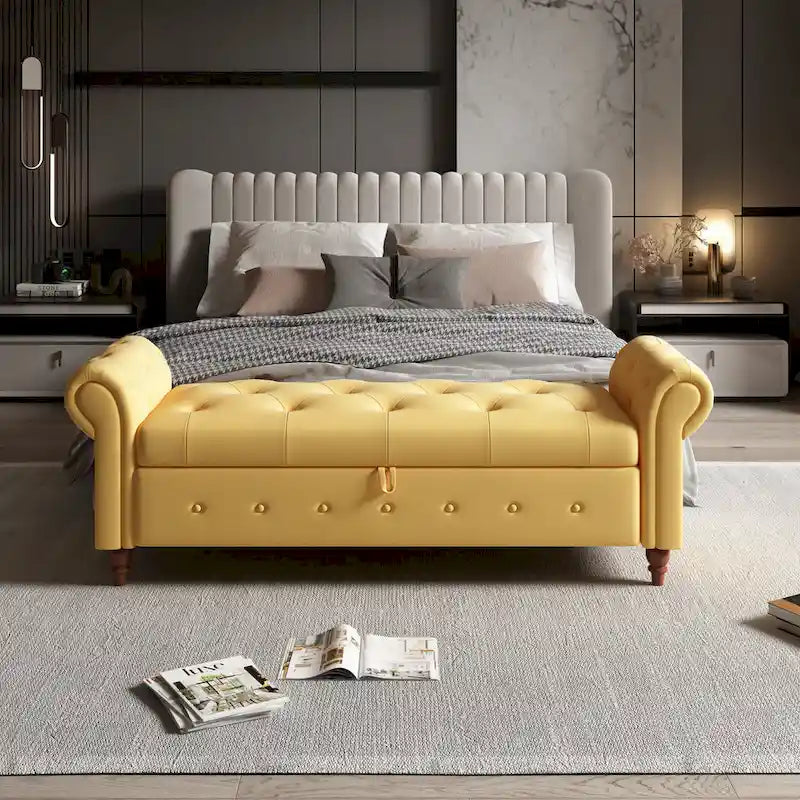 Banc de rangement capitonné avec accoudoirs roulés Repose-pieds de chambre à coucher