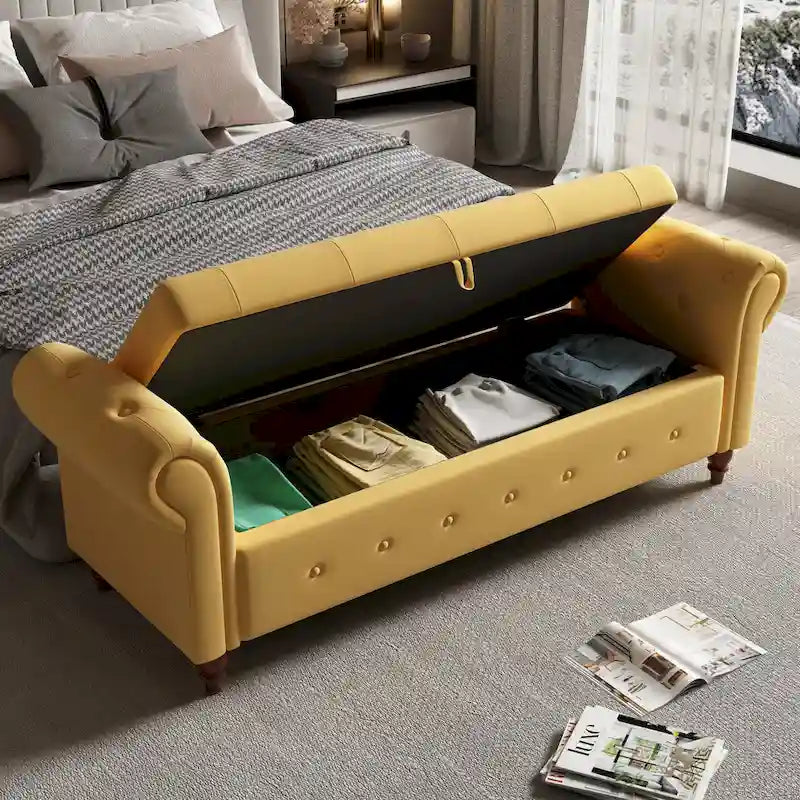 Banc de rangement capitonné avec accoudoirs roulés Repose-pieds de chambre à coucher