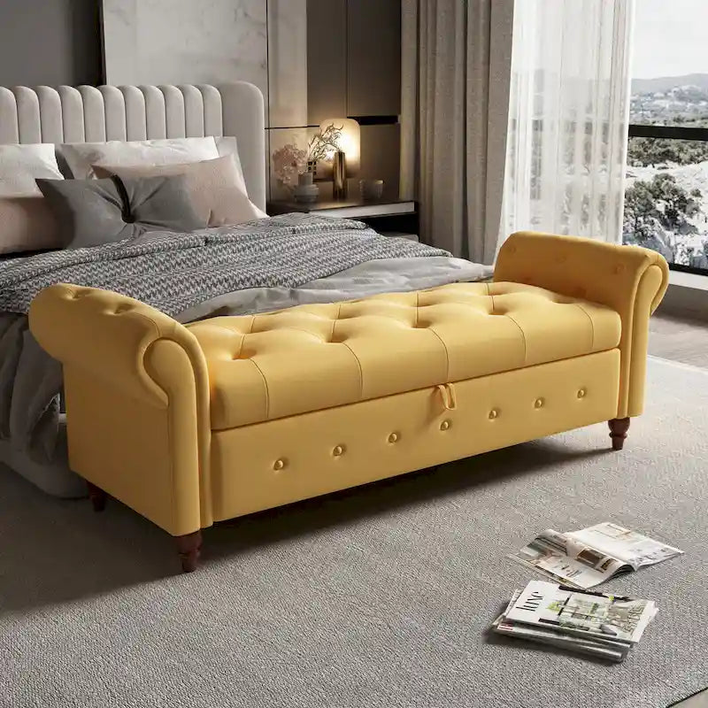 Banc de rangement capitonné avec accoudoirs roulés Repose-pieds de chambre à coucher