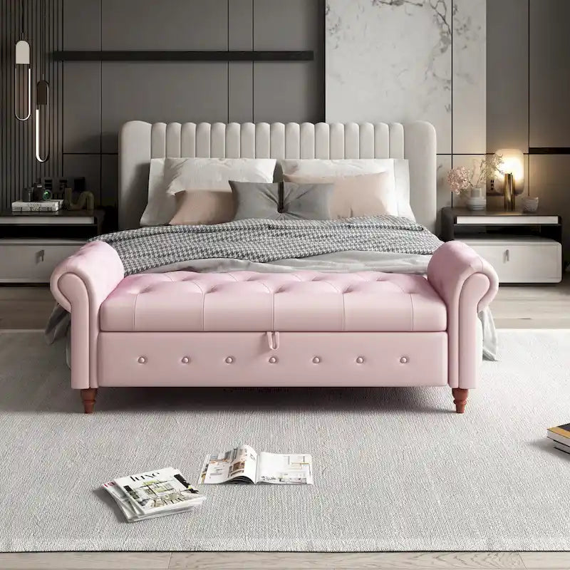 Banc de rangement capitonné avec accoudoirs roulés Repose-pieds de chambre à coucher