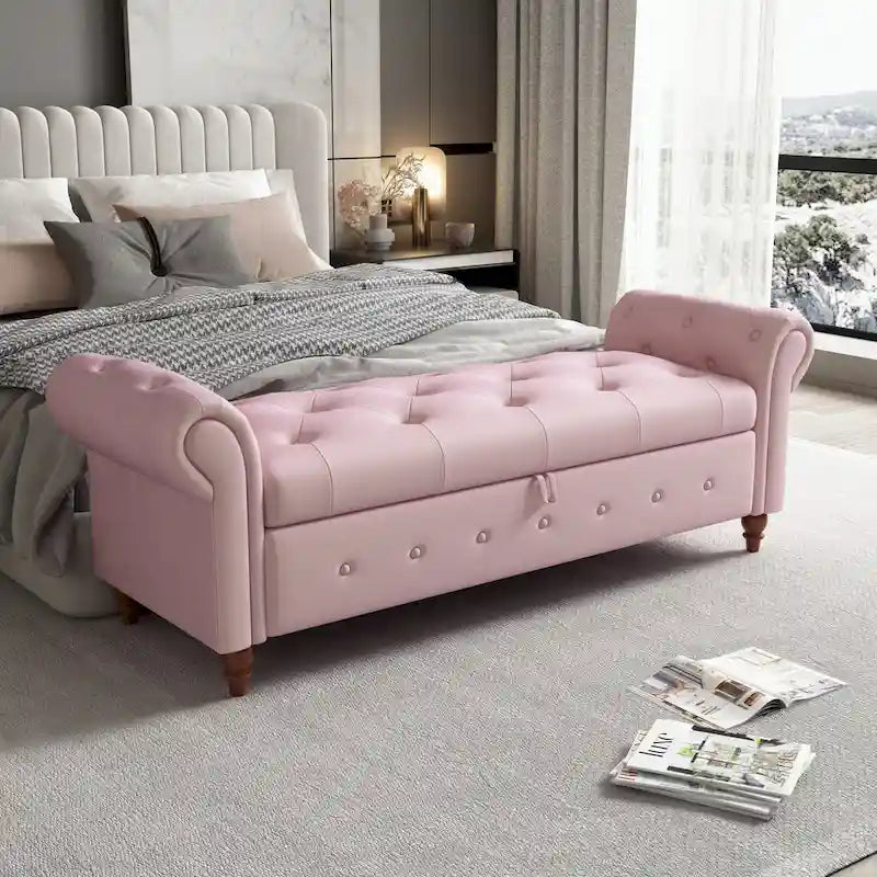 Banc de rangement capitonné avec accoudoirs roulés Repose-pieds de chambre à coucher