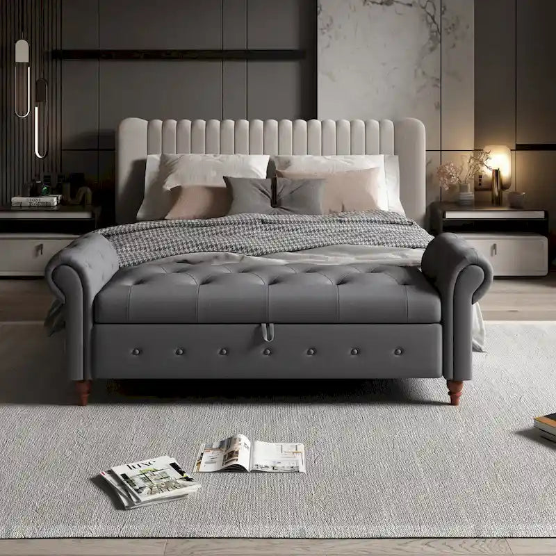 Banc de rangement capitonné avec accoudoirs roulés Repose-pieds de chambre à coucher