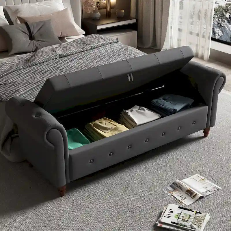 Banc de rangement capitonné avec accoudoirs roulés Repose-pieds de chambre à coucher