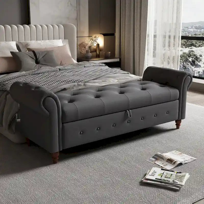 Banc de rangement capitonné avec accoudoirs roulés Repose-pieds de chambre à coucher