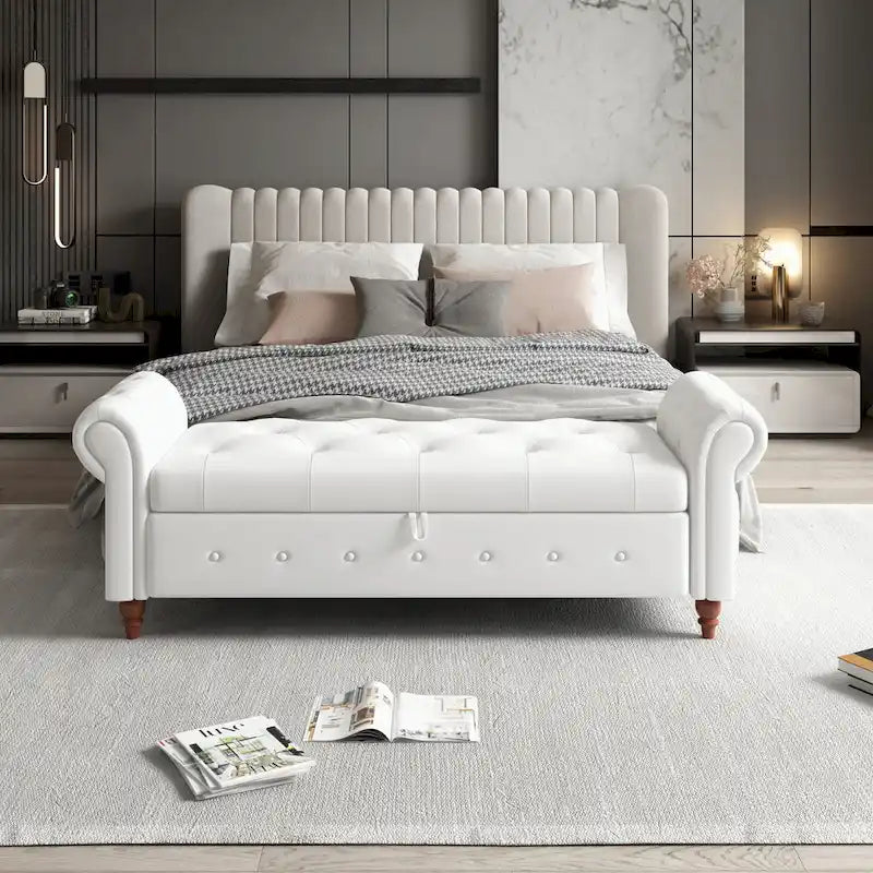 Banc de rangement capitonné avec accoudoirs roulés Repose-pieds de chambre à coucher