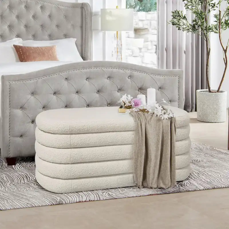 Banc de rangement ovale matelassé en fausse peau de mouton bouclée 49 po