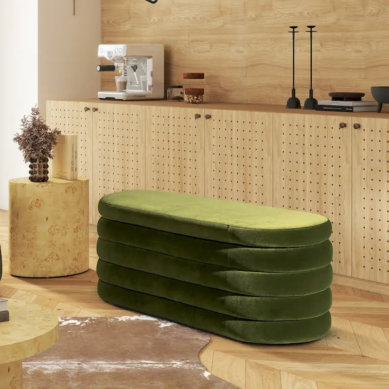 Banc de rangement ovale matelassé en fausse peau de mouton bouclée 49 po