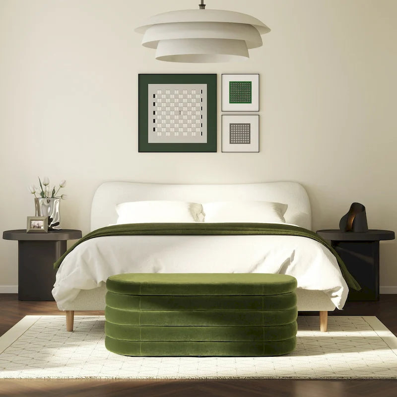 Banc de rangement ovale matelassé en fausse peau de mouton bouclée 49 po