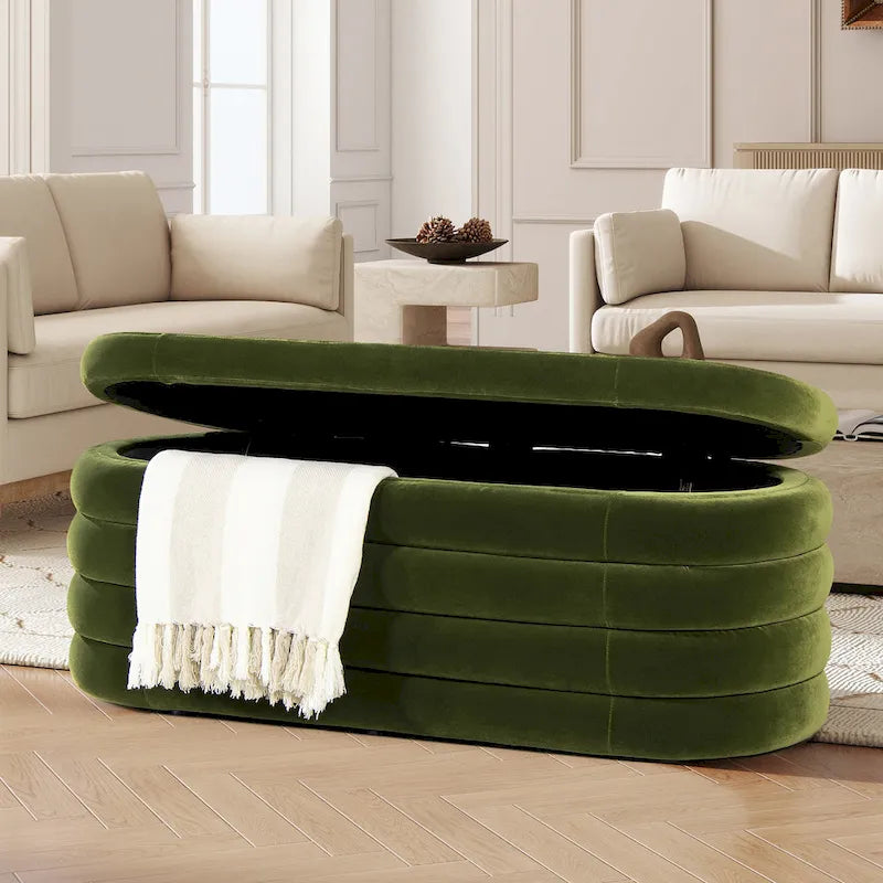 Banc de rangement ovale matelassé en fausse peau de mouton bouclée 49 po