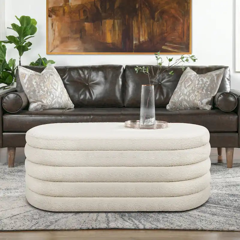 Banc de rangement ovale matelassé en fausse peau de mouton bouclée 49 po
