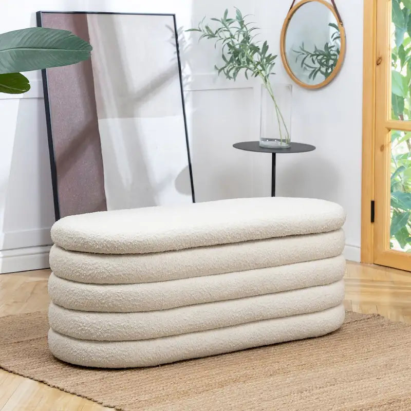 Banc de rangement ovale matelassé en fausse peau de mouton bouclée 49 po