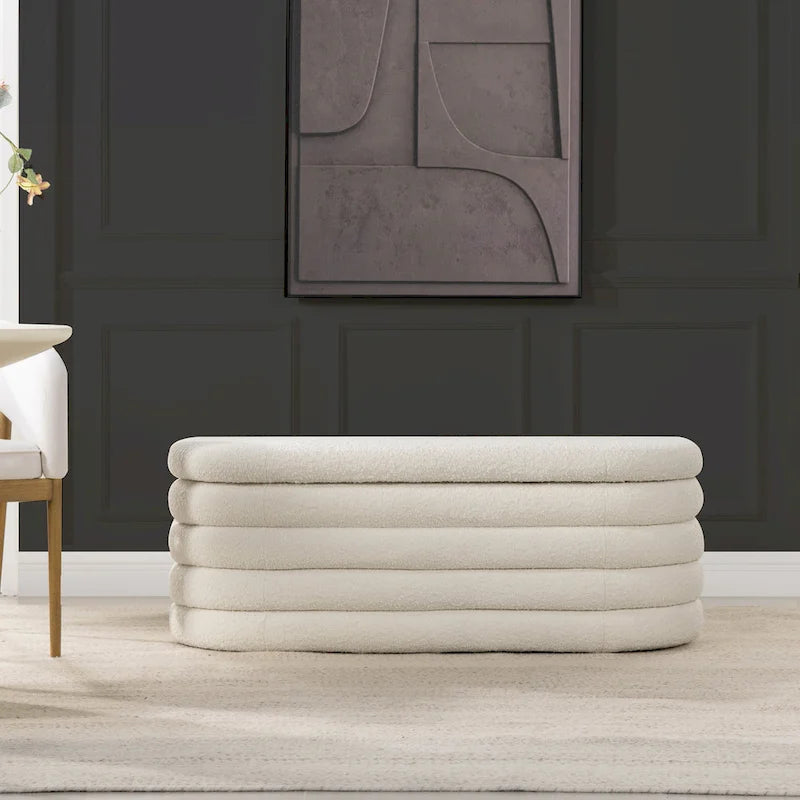 Banc de rangement ovale matelassé en fausse peau de mouton bouclée 49 po