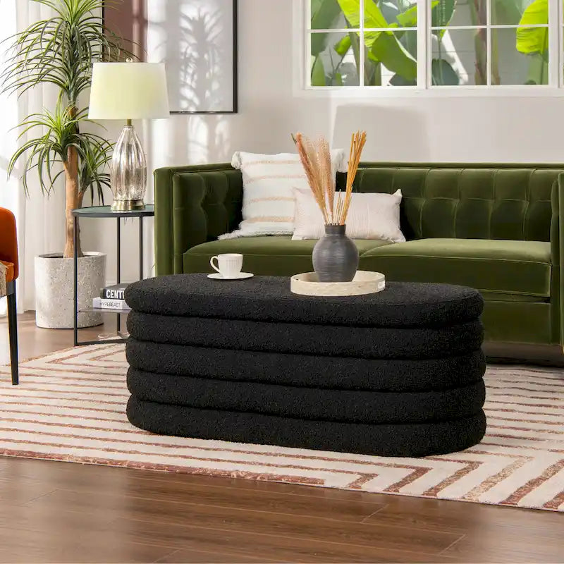 Banc de rangement ovale matelassé en fausse peau de mouton bouclée 49 po