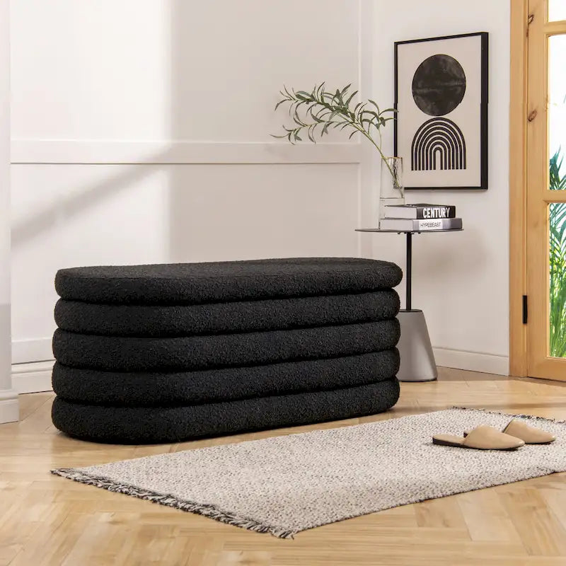 Banc de rangement ovale matelassé en fausse peau de mouton bouclée 49 po