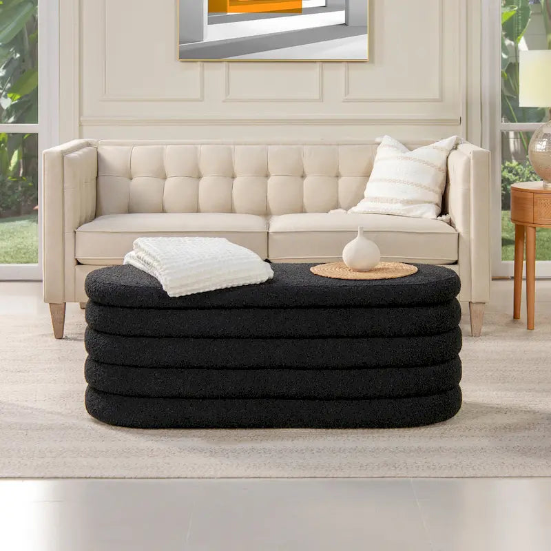 Banc de rangement ovale matelassé en fausse peau de mouton bouclée 49 po