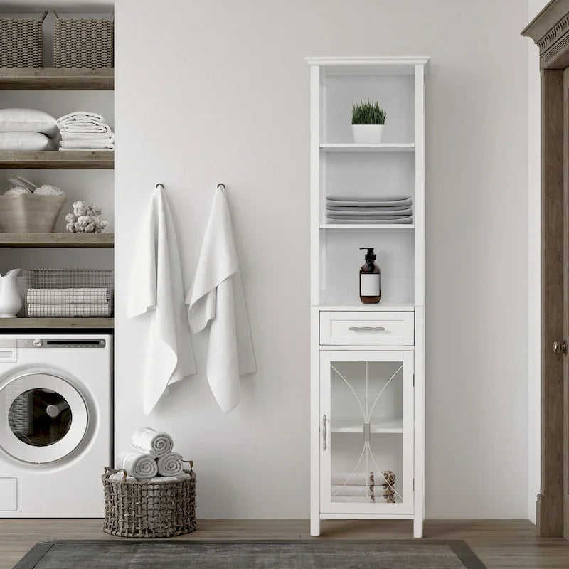 Colonne de salle de bain autoportante avec étagères ouvertes, tiroir et placard vitré