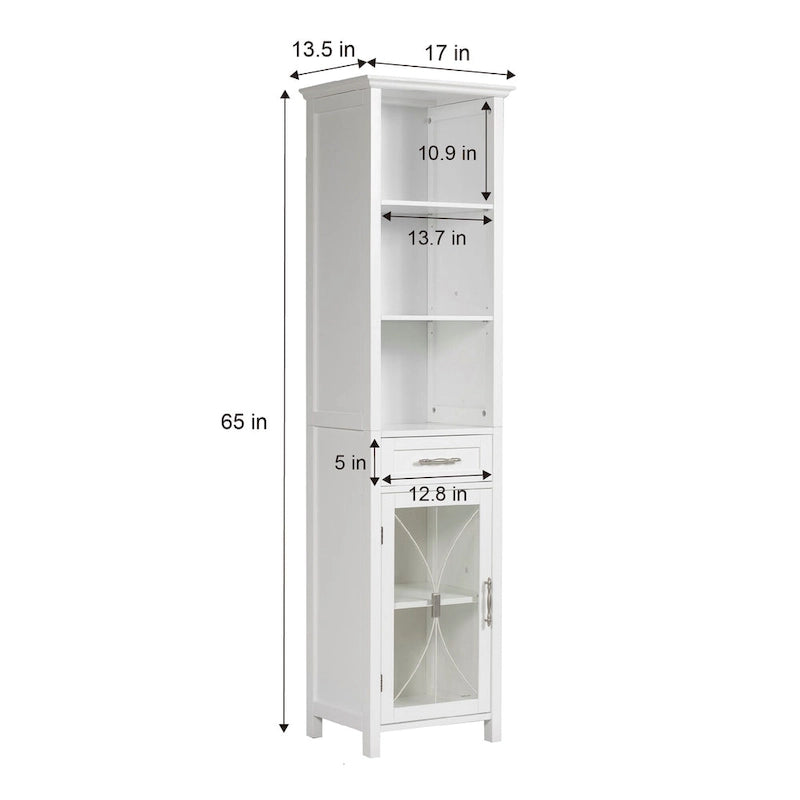 Colonne de salle de bain autoportante avec étagères ouvertes, tiroir et placard vitré