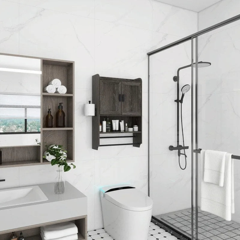 Meuble haut de salle de bain avec étagère réglable, porte-serviettes et dérouleur de papier toilette
