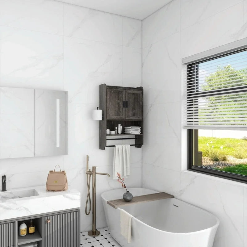 Meuble haut de salle de bain avec étagère réglable, porte-serviettes et dérouleur de papier toilette