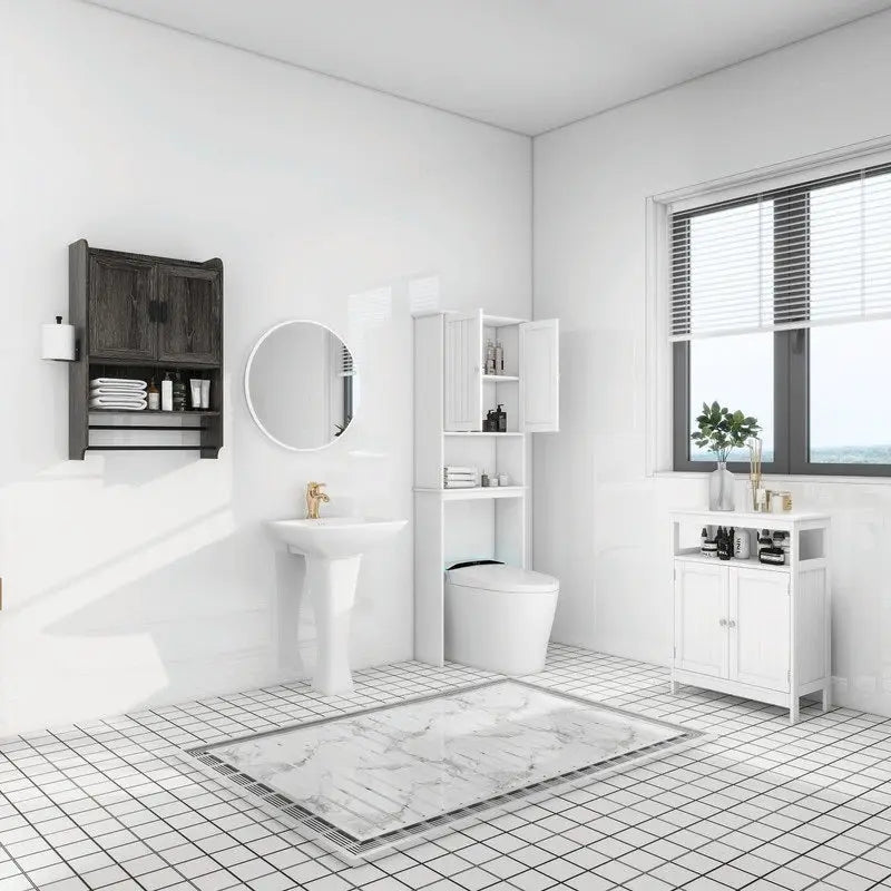 Meuble haut de salle de bain avec étagère réglable, porte-serviettes et dérouleur de papier toilette